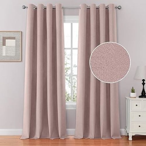 HOMEIDEAS 100% Blush Pink Linen Blackout Curtains for Bedroom, 52 X 84 Inch Room Darkening Curtains for Living, Faux Linen Thermal Insulated Full Black Out Grommet Window Curtains/Drapes