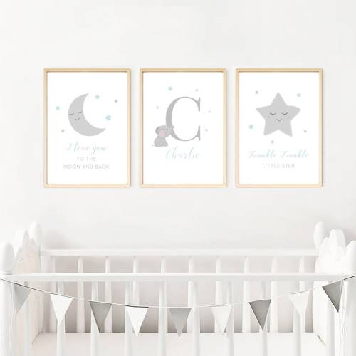 Personalised Name Baby Boy Print, Set of 3, Elephant, Moon Star Print, Nursery Prints, New Baby, Bedroom, Christening Gift, Grey Blue, A3 A4