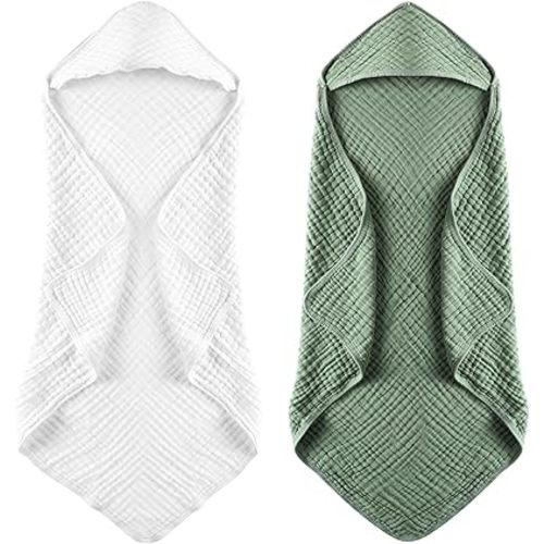 MUKIN Baby Hooded Towels, Muslin Cotton, 2-Pack, for Newborn, Infant, Toddler and Kids (White,Dark Green)