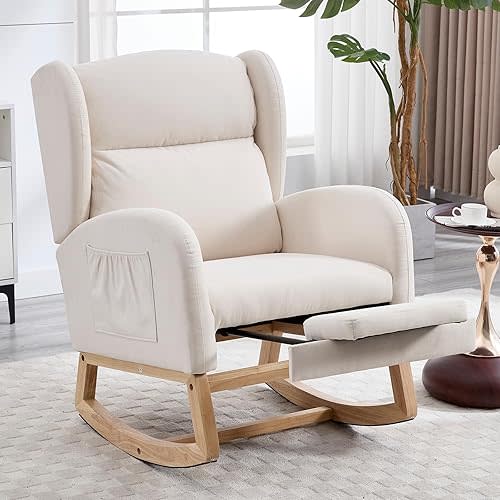 NIOIIKIT Oversized Nursery Rocking Chair with Footrest, Linen Upholstered Glider Chair, Rocker Nursery Sofa with Side Pocket, Glider Rocker, Accent Reading Recliner for Living Room (Beige Linen)