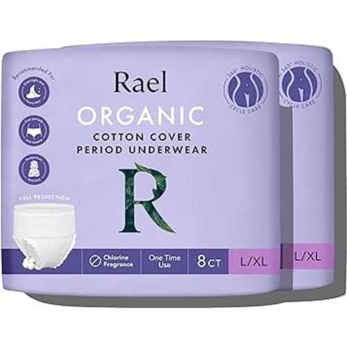 Rael Disposable Underwear for Women, Organic Cotton Cover - Incontinence Pads, Postpartum Essentials, Disposable Underwear, Unscented, Maximum Coverage (Size L-XL, 16 Count)