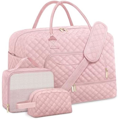 3 Pack Pink Travel Duffle Bag, Weekend Bags for Women with Shoe Compartment, Large Toiletry Personal Item Travel Carry on Bags with Wet Pocket, Gym Overnight Hospital Bag for Delivery Business Pink