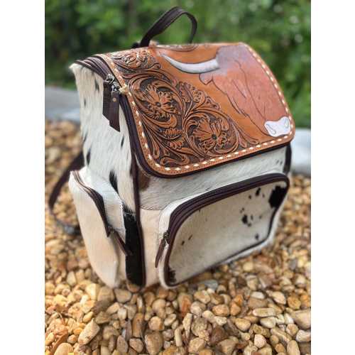SALE highland cow Genuine tooled leather and cowhide backpack or diaper bag. Concealed carry on back. Western backpack. Highland mama bag