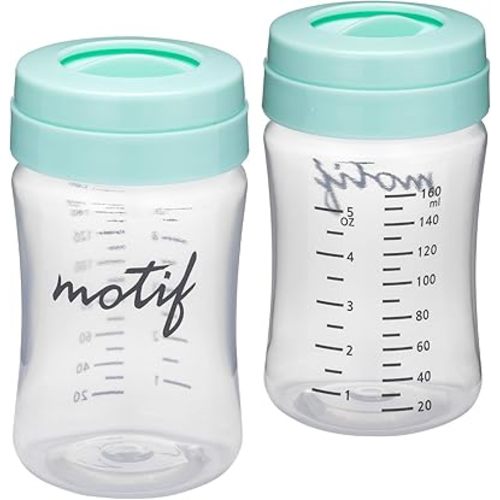 Motif Medical Breast Milk Storage Bottles for Luna Breast Pump - Durable Plastic Breastfeeding Essentials w/Locking Rings, Lids & Nipple Caps - Breast Milk Container (Set of 2, 160 ml)
