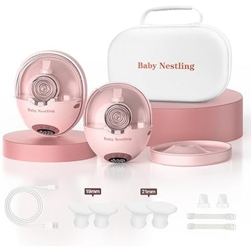 Heated Base Hands Free Breast Pump, Wearable Breastfeeding Pump of Baby Heated Dustproof Base, Automatic Voice Prompts, LED Display with 4 Modes &12 Levels, Memory Function-24 mm, 2 Pack Pink