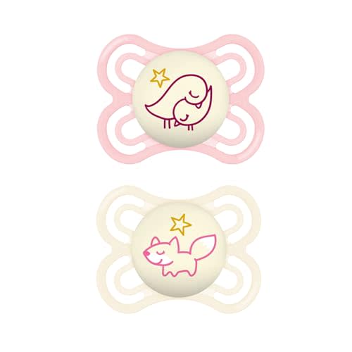 MAM Perfect Night Baby Pacifier, Patented Nipple, Glows in The Dark, 2 Pack, 0-6 Months, Girl, Designs May Vary