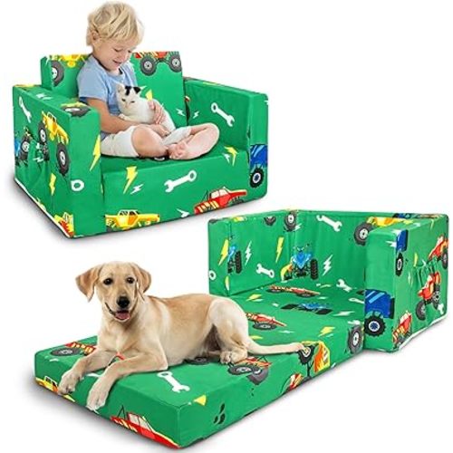 Kids Couch, 2-in-1 Kids Fold Out Sofa, Convertible Toddler Couch to Lounger for Girls and Boys, Soft Toddler Chairs Comfy 1-3 Years Old (Green Monster Truck)