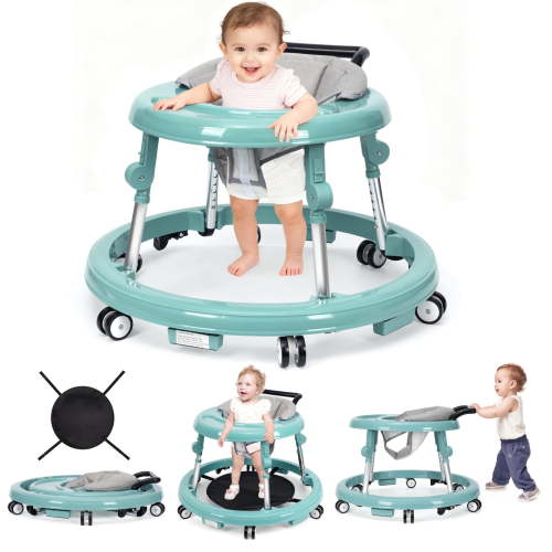 Poit Foldable Baby Walker - 9-Level Height Adjustable, Non-Slip Safety Wheels for Infants 6-12 Months, Portable Activity Center, Green