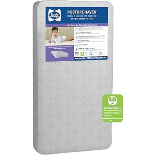 Sealy Baby Posture Haven Orthopedic Antibacterial 2-Stage Dual Firm Waterproof Baby Crib Mattress & Toddler Bed Mattress, Non-Toxic, Air Quality Certified, 182 Premium Coils, Made in USA, 52"x28"
