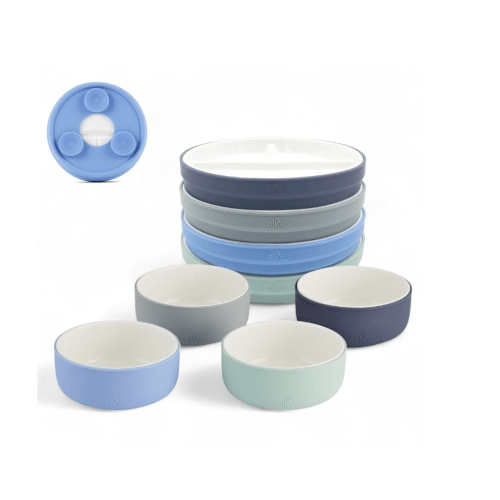 Kids Porcelain Mealtime Bundle | Suction Sleeves | 6.7" Plates + Bowls | 8 Pcs | Sage/Misty Blue/Navy/Gray