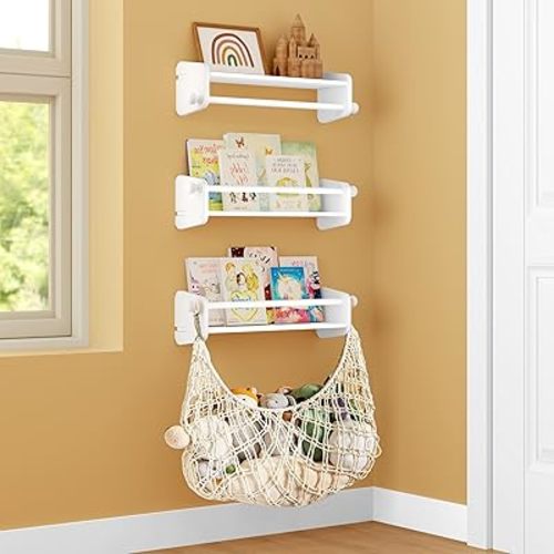 Nursery Floating Book Shelves for Wall: Wood Kid's Bookshelves with Plush Toy Storage Net for Organizer and Decor - Wall Mount Floating Hanging Shelf for Kids Room Storage Books & Toys, 4-Pack (3+1)
