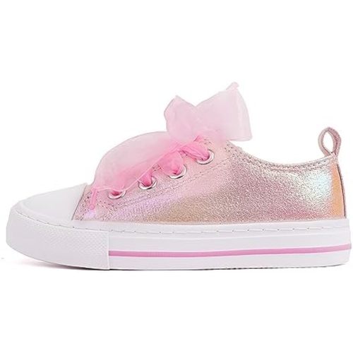 HugRain Little Girls Kids Classic Sparkle Low Top Lace Up Sneakers Walking Shoes