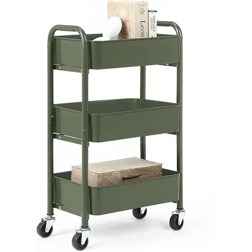 SunnyPoint 3-Tier Delicate Compact Rolling Metal Storage Organizer - Mobile Utility Cart Kitchen/Under Desk Cart with Caster Wheels (ARMY, Compact (15.5" X 26.8" X 10.27"))