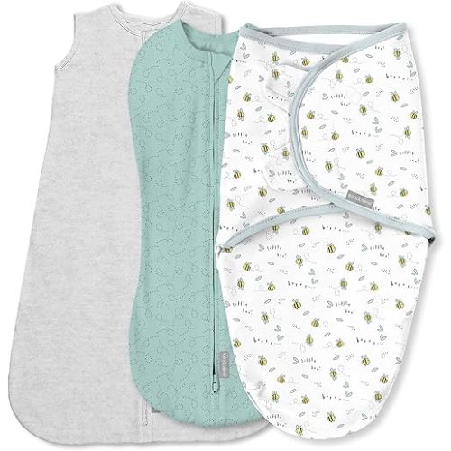 SwaddleMe by Ingenuity Swaddle, Compression Pod, & Sleep Sack Set, Gift Set, 0-3 Months, 3-Pack - Little Bees