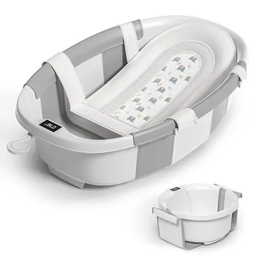 Collapsible Baby Bathtub for Newborn to Toddler 0-36 Months,Spacious Foldable Infant Bath Tub with Thermometer,Cushion & Drain Hole,Portable Travel Tub, Baby Shower Gift Grey