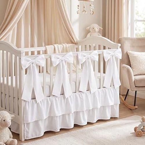 SmoothNovelty White Crib Bed Skirts with 4 Large Cot Bow 28" x 52" Baby Crib Skirt for Boys Girls Nursery Toddler Bed Skirt Dust Ruffle 14" Drop, Double Layer