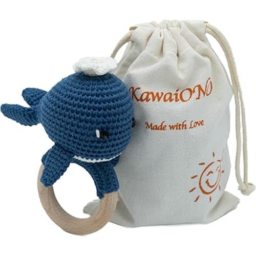 Handmade Cotton Crochet Amigurumi Rattle - Educational Baby Stuff for New Moms, Stuffed Animals for Infants, Baby Boy Stuff - Blue Whale with Wooden Handle - Perfect for Newborns and Toddlers