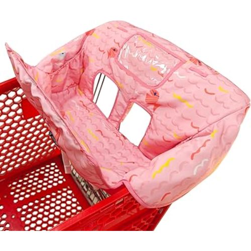 2-in-1 Shopping Cart and High Chair Cover for Baby, Padded Cover, Fold'n Roll Style, Portable with Carry Bag (Pink Fish)