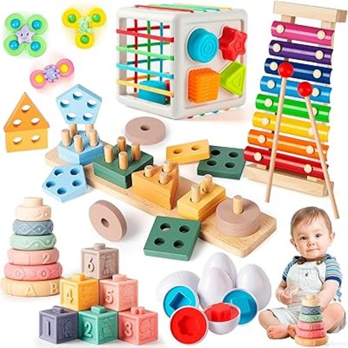 7‑in‑1 Montessori Baby Toys for 6‑12 Months & 1+ Years, Infant Sensory Teething & Stacking Blocks | Wooden Shape Sorter, Xylophone Musical Toy, Birthday Gift for Toddlers 1‑3