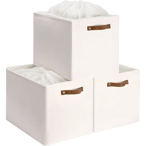 StorageWorks 3 Pack Extra Large Fabric Storage Bins with Drawstring Closure, 87L Oversized Basket for Organizing, Foldable Closet Organizer Bins with PU Handles, Beige