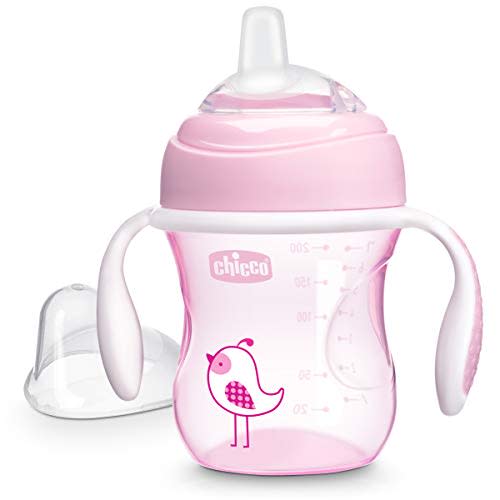 Chicco Transition Sippy Cup with Silicone Spout and Spill-Free Lid 7oz.| Calibration Markings | Removable Handles | Top-Rack Dishwasher Safe | Easy to Hold with Ergonomic Indents | Pink| 4+ Months