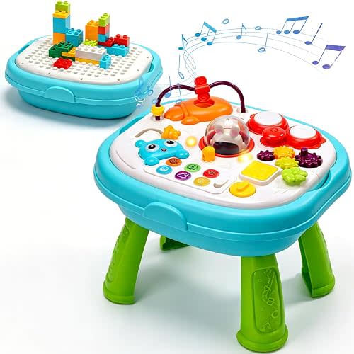 2-in-1 Toddler Activity Table with Building Blocks, Musical Learning Toy | Double-sided Baby Sensory Activity Table with Lights & Sounds, Interactive Educational Toy Gift for Boys & Girls Ages 1-3