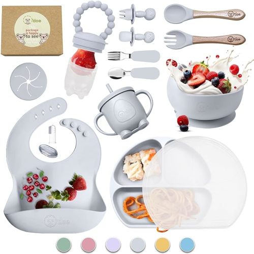 O'doe 17-Piece BPA-Free Silicone Baby Feeding Set | Thick & Soft Suction Plates, Baby Bowls, Wooden Fork & Spoon, and More | Make Mealtime Fun and Easy for Your Little One (Grey, V2) - V2: Nurture Pack [17 Pieces] - Gray