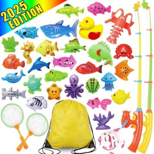GLUAAE 40 PCS Magnetic Fishing Toys Game Set for Kids Water Table Bathtub kiddie Pool Party with Pole Rod Net, Toddler Learning all Size Color Ocean Sea Animals age 3+Year Old