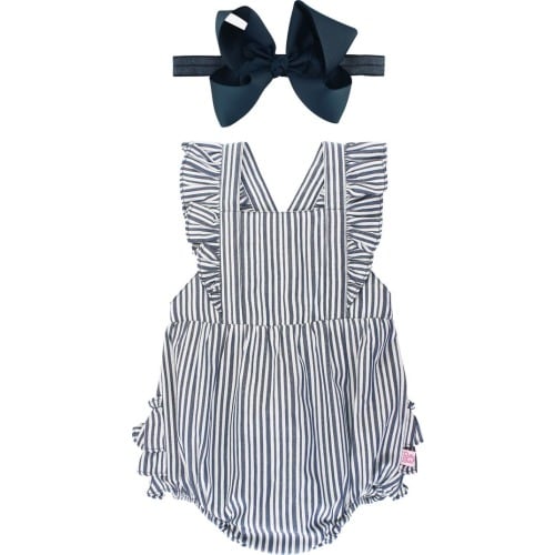 Baby Stripe Bubble Romper & Bow Head Wrap Set, 12-18M, Blue