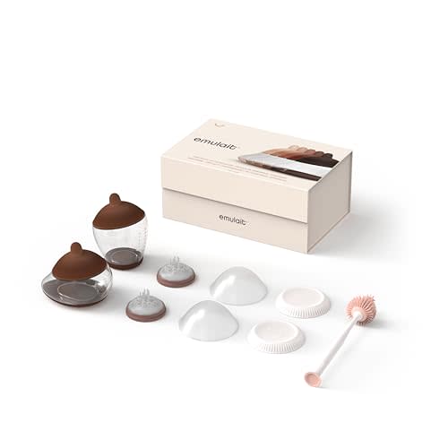 Emulait Baby Bottle Starter Kit Includes 2 Bottles 2 Nipples 2 Caps 2 Lids 2 Responsive Flow Valves, Cleaning Brush - Deep - Shape 5-RFV