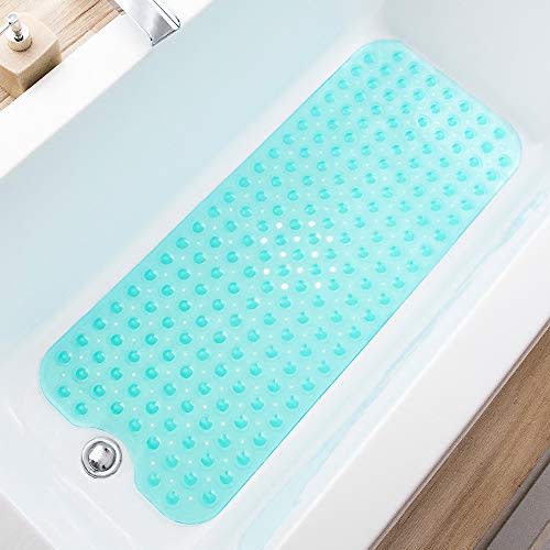 Bathtub Mats for Shower Tub, Extra Long Non-Slip 39 x 16 Inch Bath Mat with Drain Holes and Suction Cups, BathMat for Bathroom with Machine Washable (Clear Turquoise)