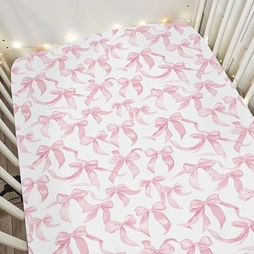 Pink Valentine's Bows Baby Crib Sheets for Boy Girl 52"x28" Girl Bows Soft Stretchy Fitted Crib Mattress Cover Baby's First Valentine's Day Baby Sheet Fits Crib and Toddler Bed Mattresses