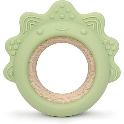 Baby Teething Toys Silicone Teethers with Wooden Ring Baby Teether Sensory Toys (Dinosaur Green)