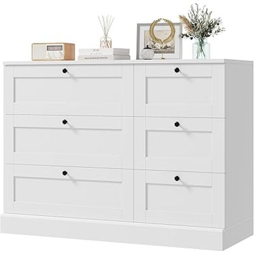 HOSTACK 6 Drawer Dresser, White Dresser for Bedroom, Wood Chest of Drawers, Wide Double Dresser, Modern Drawer Chest for Living Room, Entryway, Hallway, White