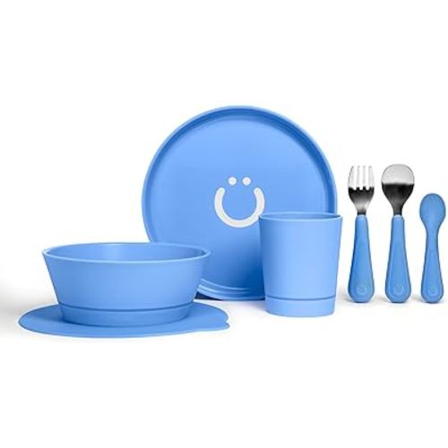 Ubbi Toddler Feeding Set, 7-Piece, Plate, Bowl, Cup + Baby & Toddler Stainless Steel Utensils, Interchangeable Suction Base, BPA-Free Dishwasher Safe, Self-Feeding for Baby-Led Weaning, Polaris Blue