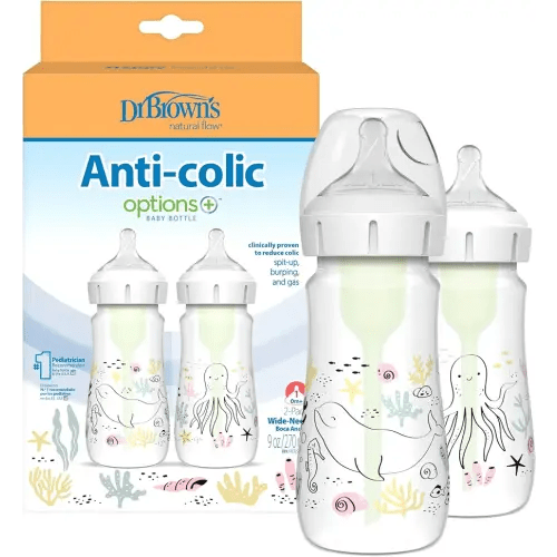 Dr. Brown’s Natural Flow Anti-Colic Options+ Wide-Neck Baby Bottle Designer Edition Bottles, Ocean Decos, 9 oz/270 mL, Level 1 Nipple, 2-Pack, 0m+