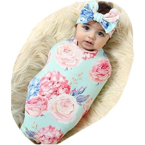 Galabloomer Receiving Blanket Headband Set Flower Print Baby Swaddle Blankets