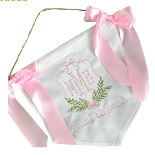 Personalized Embroidered Baby Banner with Bows, Welcome Banner, Hospital Door Sign, Custom Baby Shower Decoration, Canvas Hanging Pennant Flag Infant Banners (Style 1)
