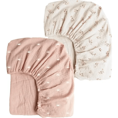 Konssy Muslin Crib Sheets for Girl Boy, 2 PCS Soft and Breathable Cotton Baby Sheets for Standard Crib Mattress, 52"x 28" (Pink Sun,Khaki Leaf)