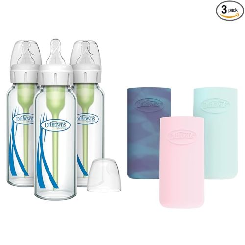 Dr. Brown's Anti-Colic Options+ Narrow Glass Baby Bottles with Silicone Sleeves, Glow, Mint, Pink, BPA-Free, 8 oz/250 mL, 0m+, 3-Pack