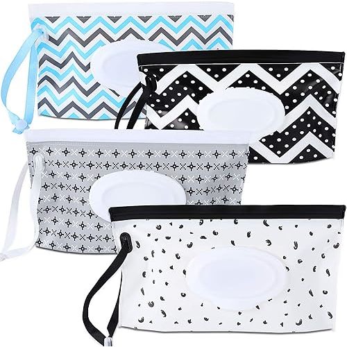 FEBSNOW 4 Pack Baby Wipe Dispenser, Portable Refillable Wipe Holder, Baby Wipes Container, Wipe Dispenser, Reusable Travel Wet Wipe Pouch (Geometric)
