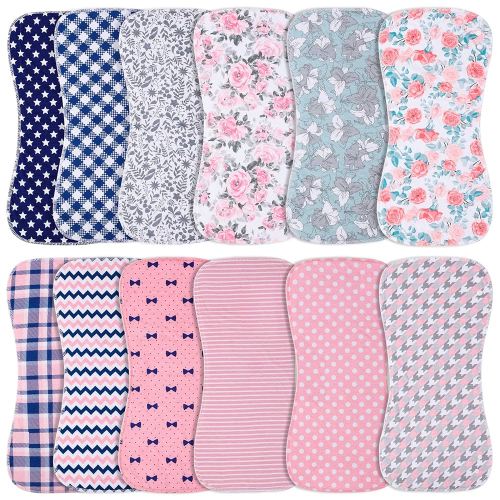 Baby Burp Cloths & Baby Bibs 2-in-1 Design Large Size 3 Layers Thicken 100% Cotton Super Absorbent and Soft Baby Spit Up Burping Rags Baby Burp Cloth Set for Girls 12 Pack