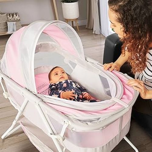 Amazon.com: Dream On Me Karley Baby Bassinet in Grey and Pink, Lightweight Portable, Quick Fold and Easy to Carry , Adjustable Double Canopy, Indoor and Outdoor with Large Storage Basket. : Baby