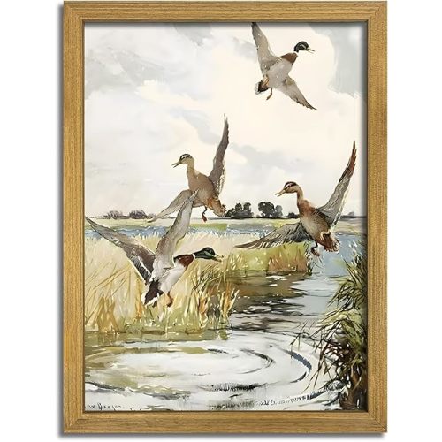 Framed Vintage Duck Wall Art Print, Rustic Mallard Watercolor Canvas Poster Wall Decor, Country Wildlife Bird Illustration for Farmhouse Living Room Kitchen Bedroom Decor 8x10 Inch