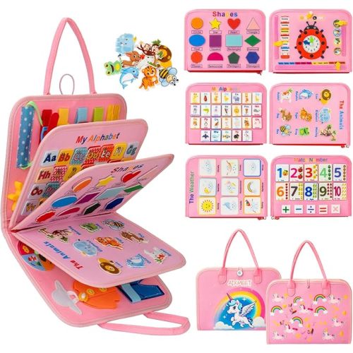Toddler Busy Board Montessori Toys for 3 4 5 6Year Old, Preschool Learning Activities with Life Skills,ABC,123,Shape,Color,Animal,Weather,Toddler Travel Toys，Educational Activity Developing Sensory