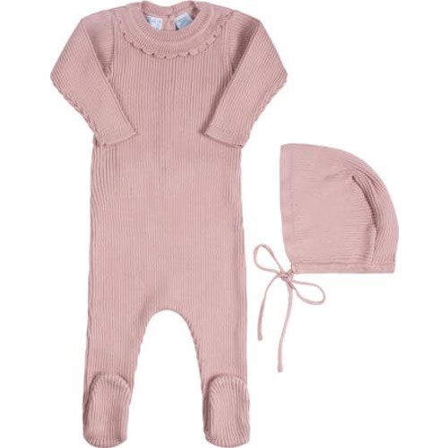 Ruffled Collar Rib Romper & Bonnet Set, 0-3M