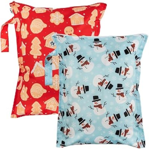 Tiny Twinkle Mess Proof Wet Bags | 2-Pack Reusable Waterproof Wet Bags for Swimsuits | Baby Clothes | Travel & Diaper Bag (Christmas Set)