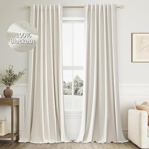 Cream Linen Blackout Curtains 96 Inch Length 2 Panels Set for Living Room Bedroom Back Tab Thermal Insulated 100% Black Out Linen Drapes Room Darkening Window Curtains 96 Inches Long Ivory Natural