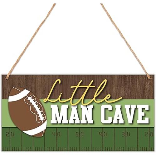 Little Man Cave Sign for Boys, Football Decor for Kids Room, Nursery Toddler Boy Baby Room Decor, Wood 6x12 Inch Hanging Wall Door Art-A01