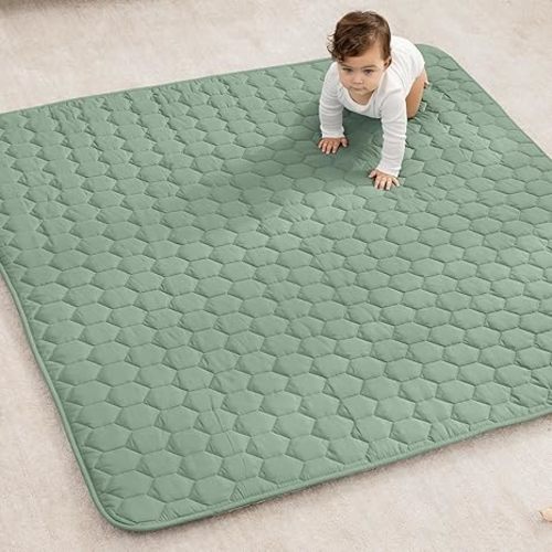 Comfy Cubs Square Kids Play Mat - 56 x 56 inches Soft Quilted Baby Floor Mat with Non-Slip Bottom - Plush Design for Toddlers' Playtime - Comfortable and Durable - Fern